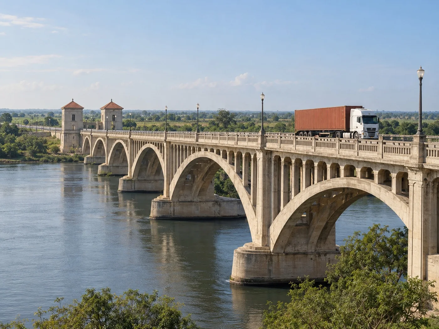 Caminhão com contêiner atravessando ponte sobre rio