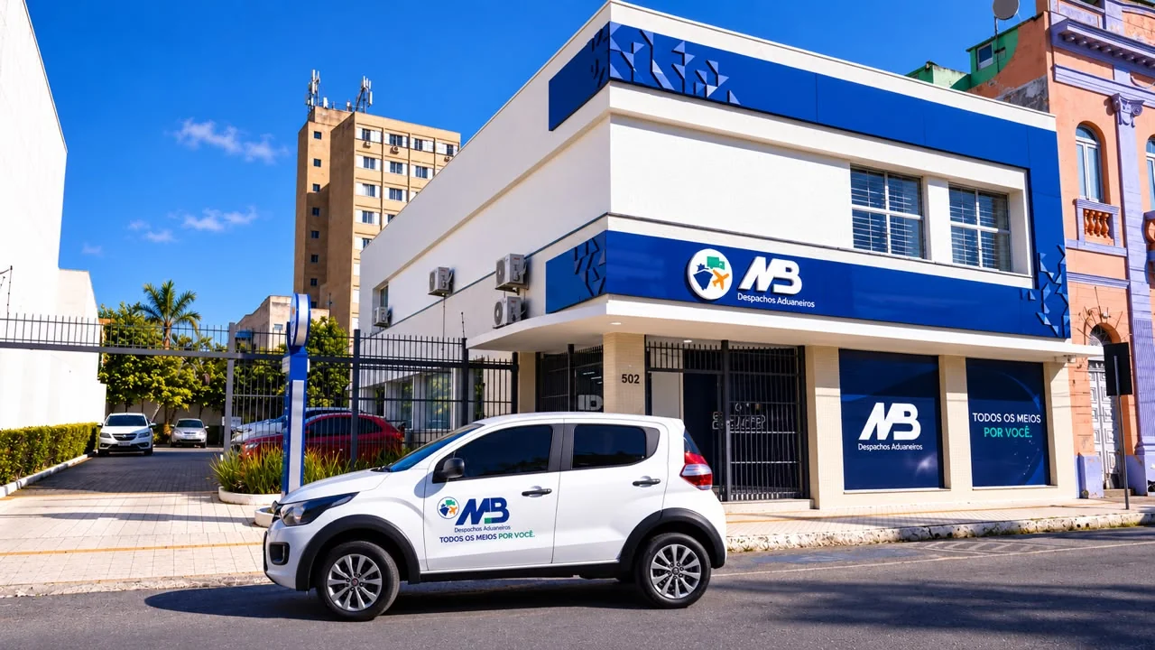Fachada da sede da MB Despachos em Rio Grande, com o carro da empresa em frente